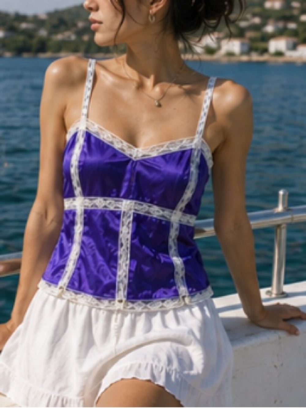 FREE WOMAN 100% Silk and lace camisole, purple, small - Picture 3 of 14